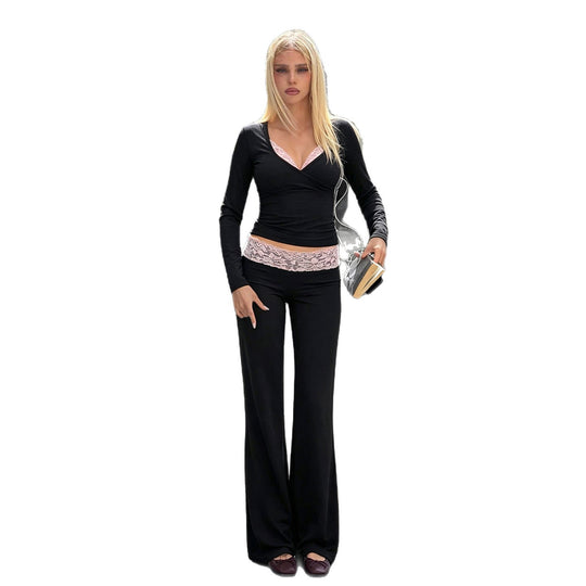 Damen nan Lounge-Set mit Spitzenbund, V-Ausschnitt und ausgestellter Schlaghose EB