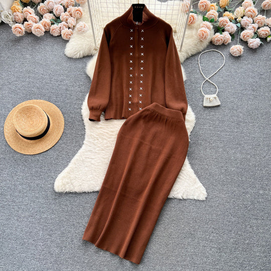 Damen eleganter Strickanzug mit Reißverschluss EB