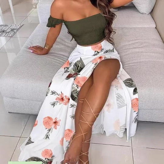 Damen Maxirock mit floralem Design und hohem Schlitz EB