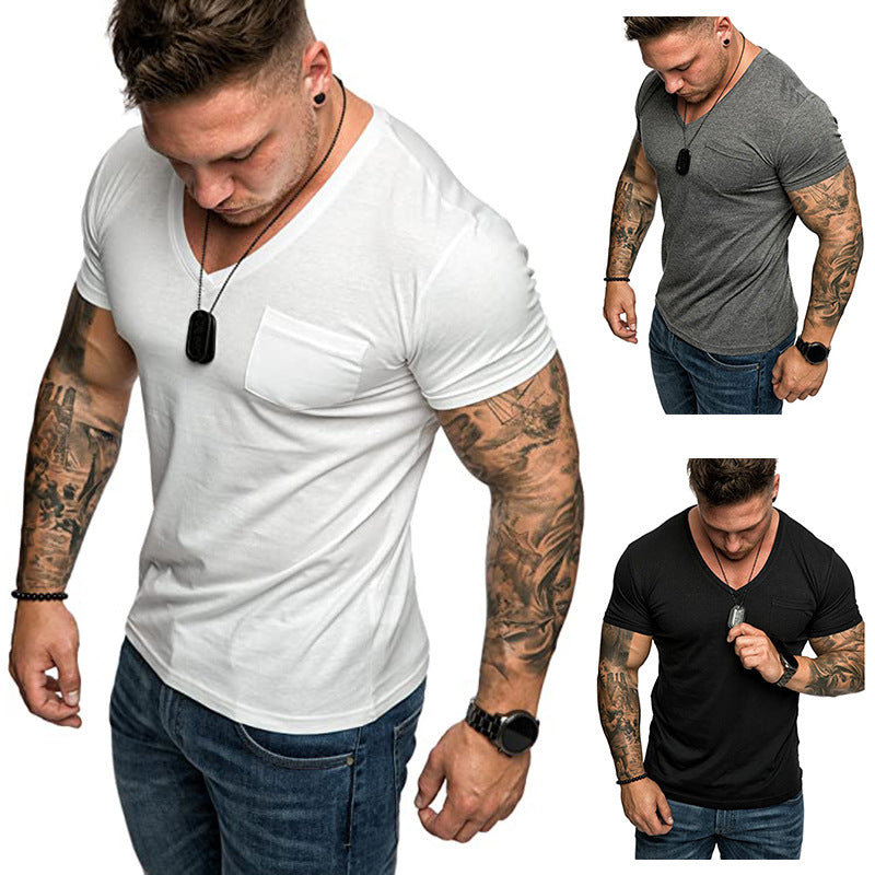 Herren V-Ausschnitt T-Shirt aus weicher Baumwolle mit Brusttasche EB