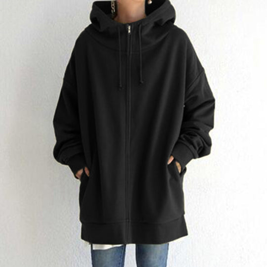 Damen nan oversized Kapuzenlongpullover mit Reißverschluss und Eingrifftaschen EB