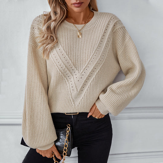 Damen Strickpullover mit V-Ausschnitt und dekorativem Strukturmuster EB