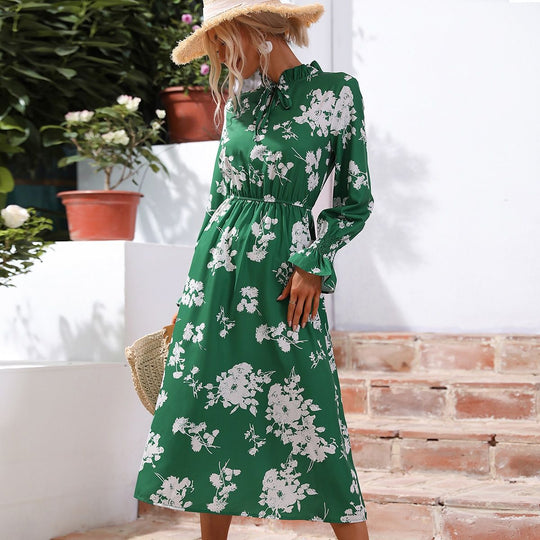 Damen Maxikleid mit floralem Print und angenähtem Bindeband EB