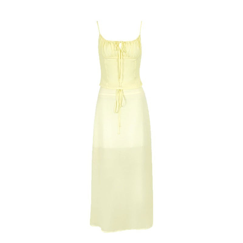 Damen Maxikleid mit verstellbaren Spaghettiträgern und raffiniertem Wickeldetail EB