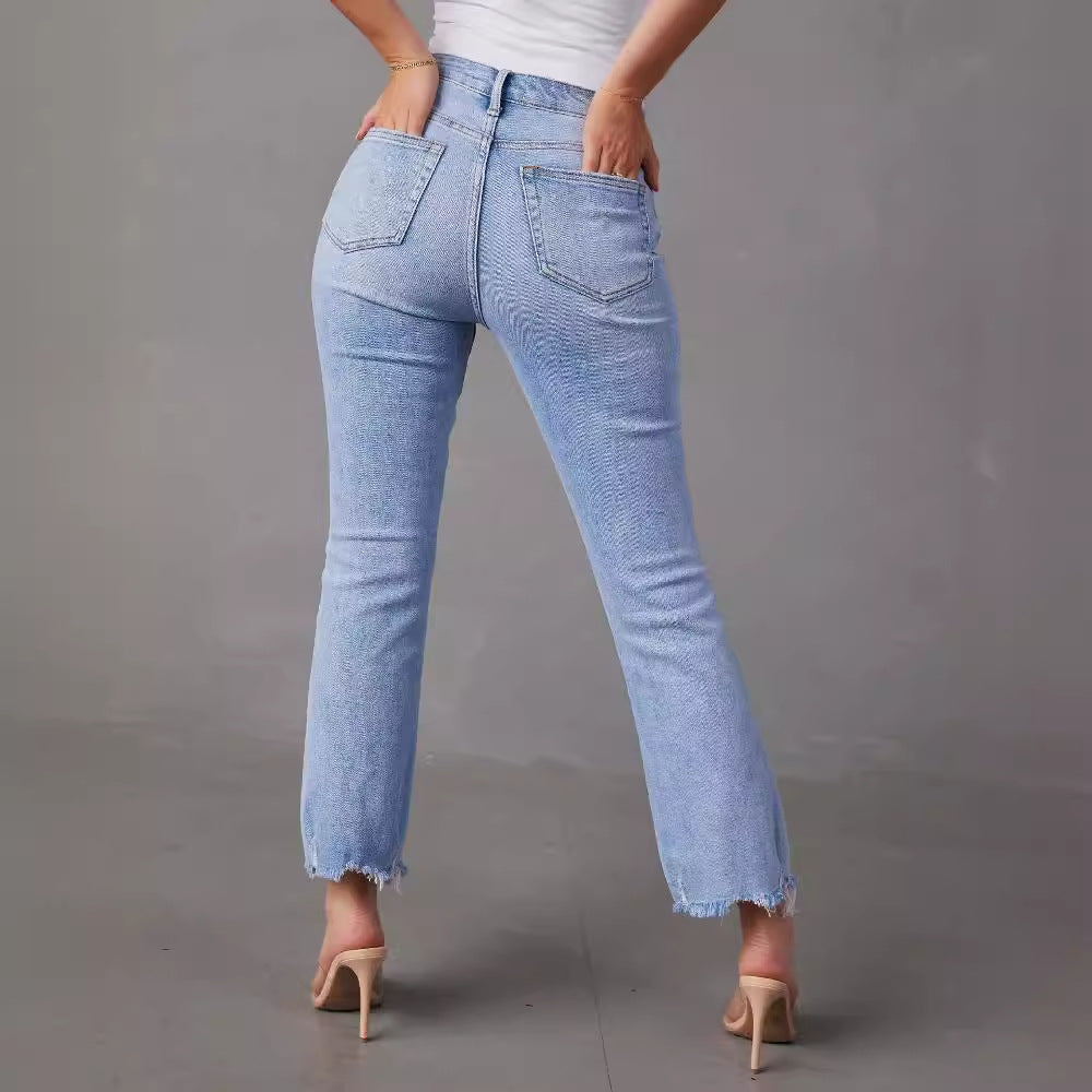 Damen modische Hochwasser Jeans im lässigen Vintage-Stil mit fransigem Saum EB