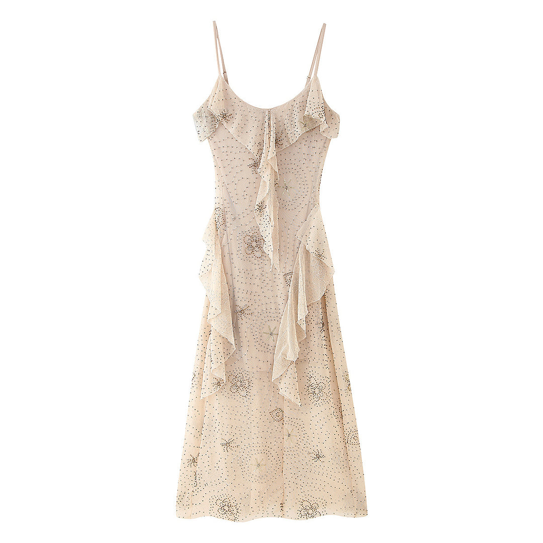 Damen Midikleid mit floralem Rüschendesign und zarten Pailletten EB