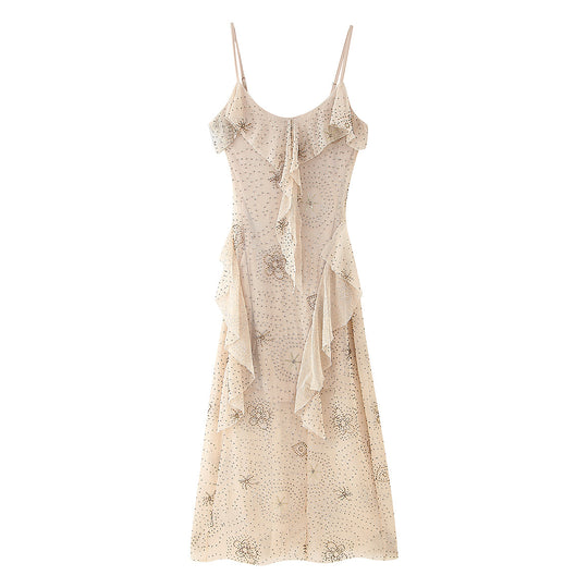 Damen Midikleid mit floralem Rüschendesign und zarten Pailletten EB