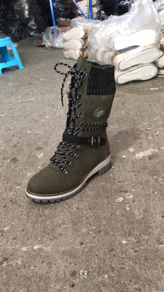 Damen nan modischer Mid-Calf Schnürstiefel mit seitlichem Reißverschluss, gestrickter Manschette und profilierter Gummilaufsohle EB
