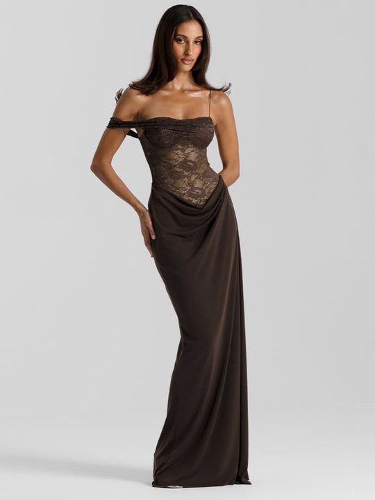 Damen Elegantes Cocktailkleid mit Spitzenoberteil und fließendem Rock EB