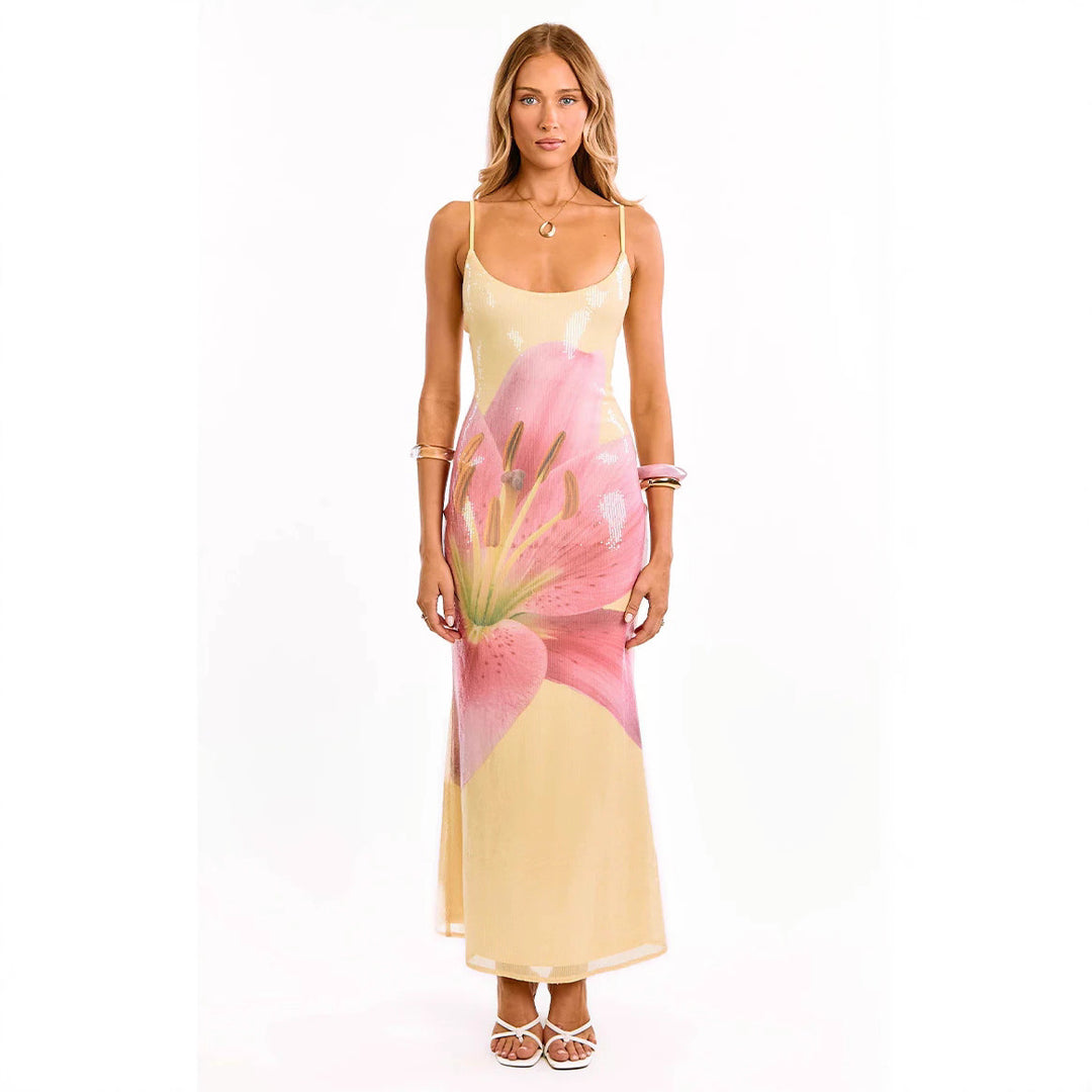 Damen Maxi-Kleid mit floralen Akzenten und glamourösem Glitzerstoff EB