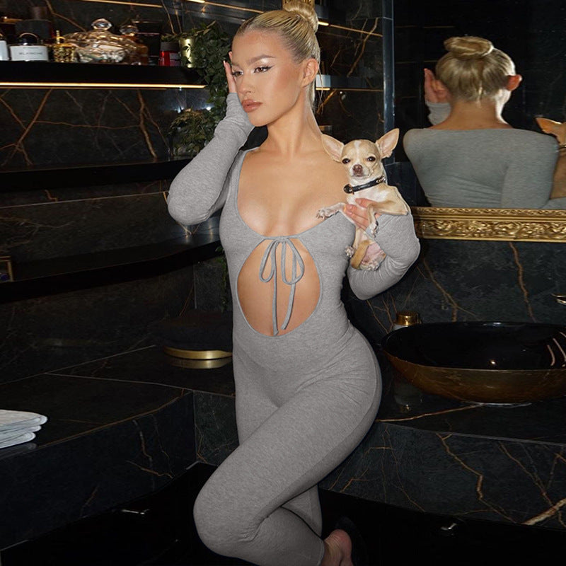 Damen Figurbetonter Langarm-Jumpsuit mit herzförmigem Ausschnitt und schnürbarem Detail EB