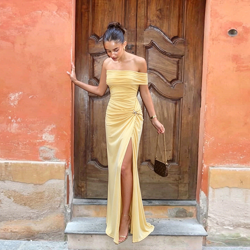 Damen Schickes Maxikleid mit Schulterfreiem Design und Raffungen EB