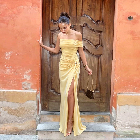Damen Schickes Maxikleid mit Schulterfreiem Design und Raffungen EB