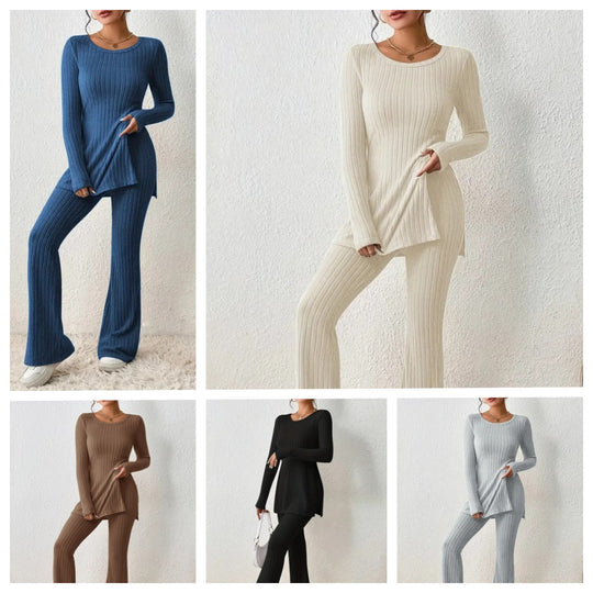 Damen Fein geripptes Lounge-Set mit langen Ärmeln und ausgestellten Beinen EB