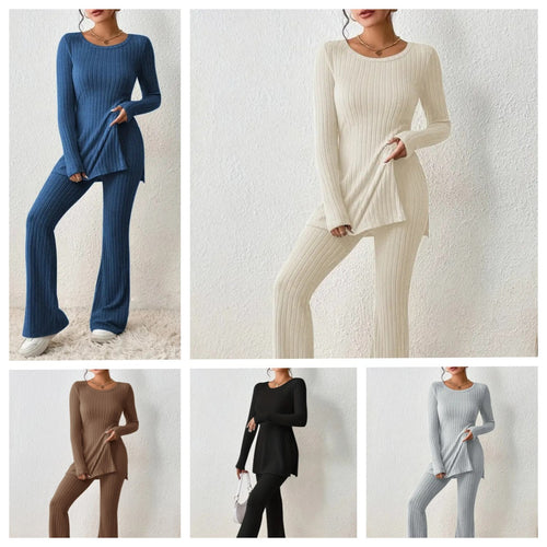 Damen Fein geripptes Lounge-Set mit langen Ärmeln und ausgestellten Beinen EB