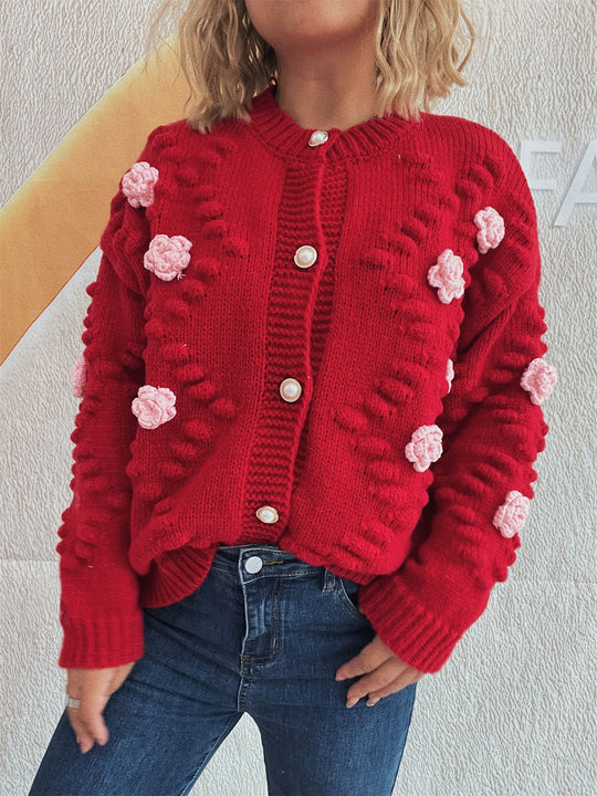 Damen Strickjacke mit floralen Applikationen und komfortablem Schnitt EB