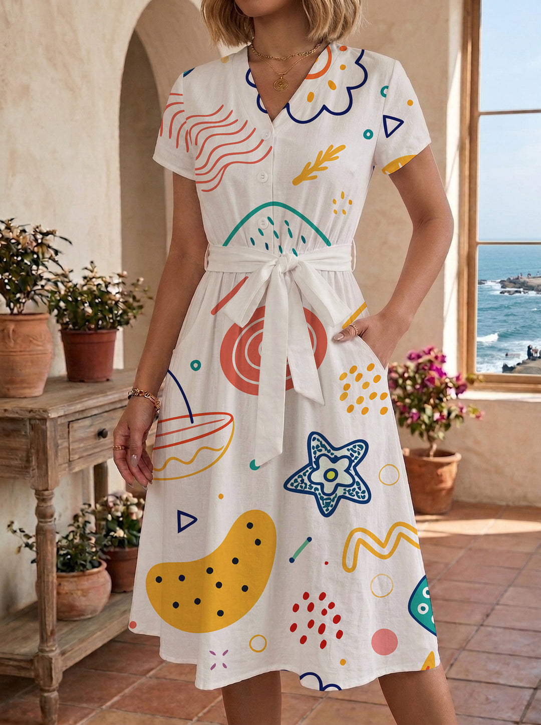 Damen Midikleid mit farbenfrohem Blumendesign und taillierbarem Bindegürtel EB