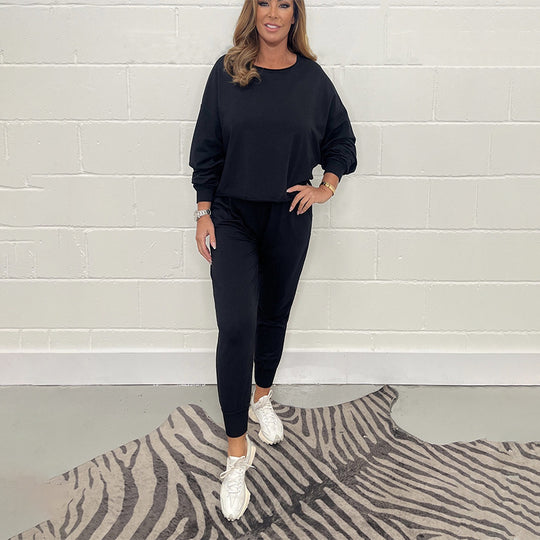 Damen Lässiges Fleece-Loungewear-Set mit weitem Oberteil und elastischen Hosen EB