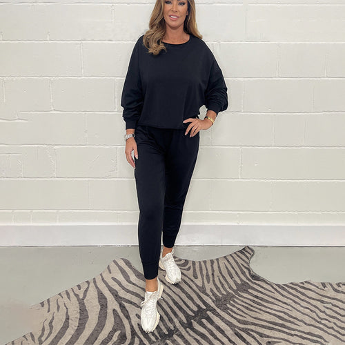 Damen Lässiges Fleece-Loungewear-Set mit weitem Oberteil und elastischen Hosen EB