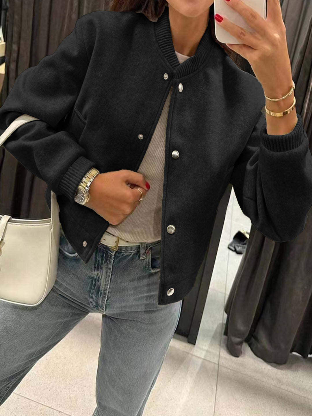 Damen Kurzjacke im Bomberstil aus Teddyfleece mit Rippbündchen EB