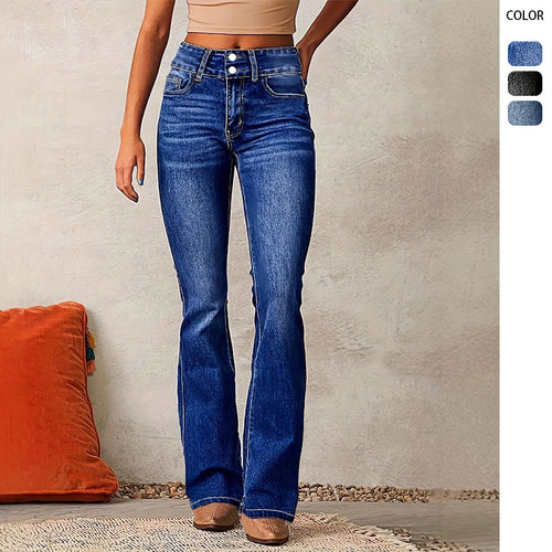 Damen Hohe Taille Flared Jeans mit dekorativen Knopfdetails und figurschmeichelndem Schnitt EB