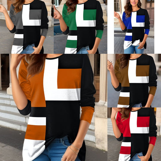 Damen nan geometrisches Colorblock Longsleeve-Tunika-Oberteil mit Rundhalsausschnitt und asymmetrischem Saum EB
