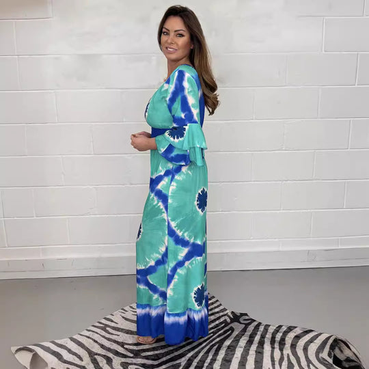 Damen Maxikleid mit asymmetrischen Ärmeln und einzigartigem Batik-Design EB