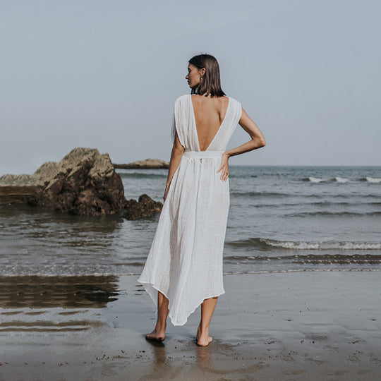 Damen luftiges Strandkleid mit Bindegürtel EB