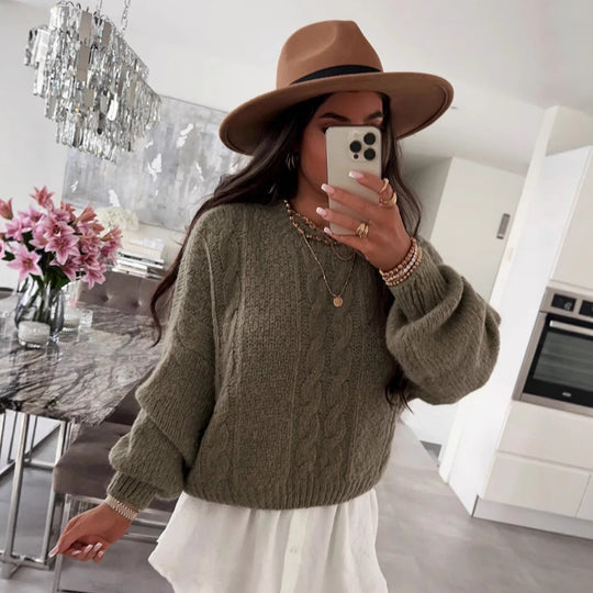 Damen Grobstrickpullover mit voluminösen Ärmeln und romantischem Zopfdesign EB