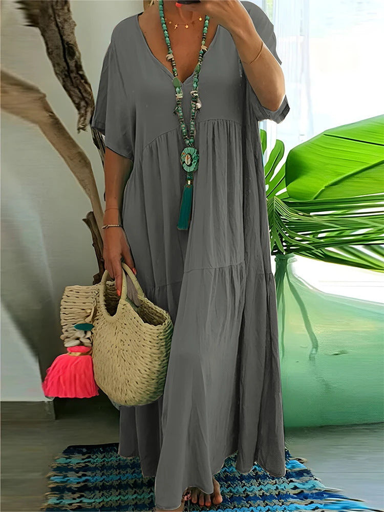 Damen luftiges Boho-Maxikleid mit schwingendem Saum und tiefem V-Ausschnitt EB