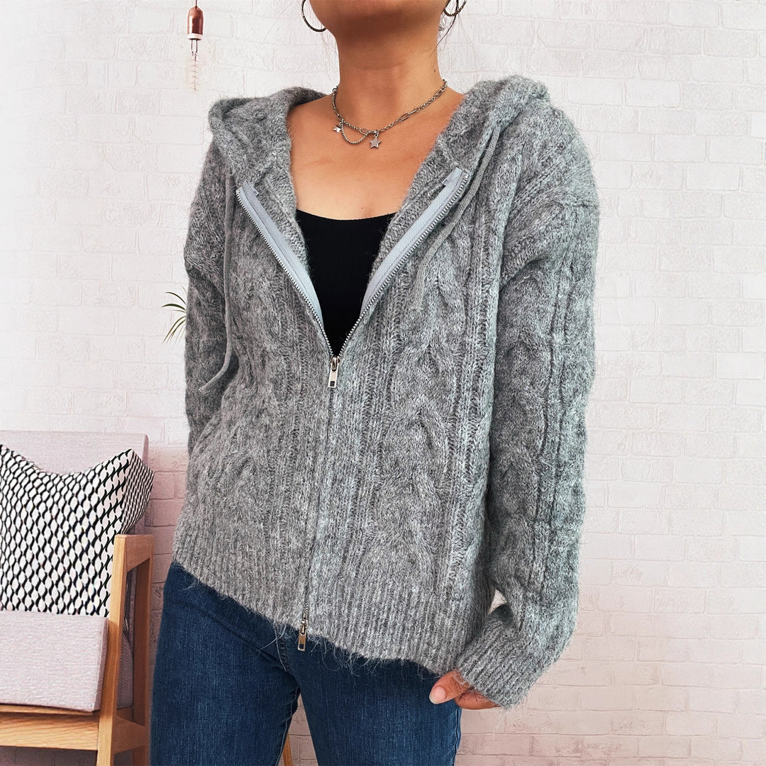 Damen kuschelige Grobstrickjacke mit Kapuze und Reißverschluss EB