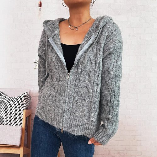 Damen kuschelige Grobstrickjacke mit Kapuze und Reißverschluss EB