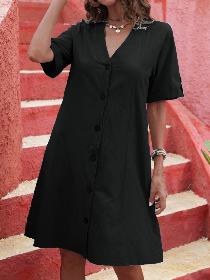Damen Knielanges Hemdblusenkleid mit Knopfleiste und Kurzarm EB