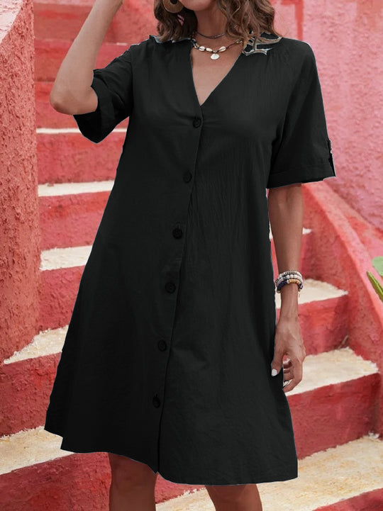 Damen Knielanges Hemdblusenkleid mit Knopfleiste und Kurzarm EB