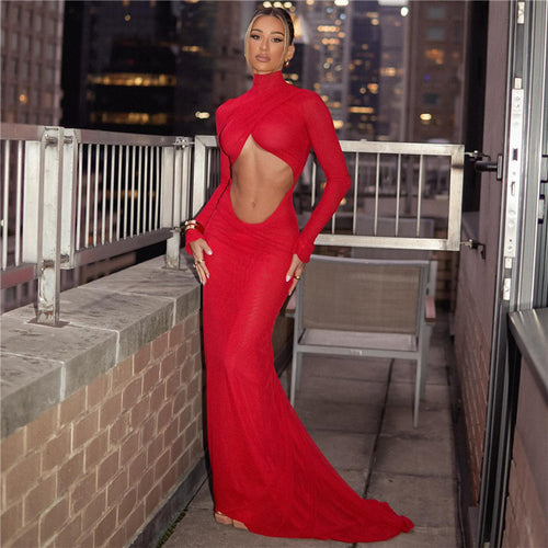 Damen figurbetontes Maxikleid mit asymmetrischem Cut-Out und hochgeschlossenem Kragen EB