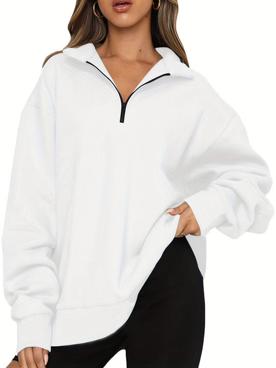 Damen nan Oversized Sweatshirt mit Kurzreißverschluss, Stehkragen und Kängurutasche EB