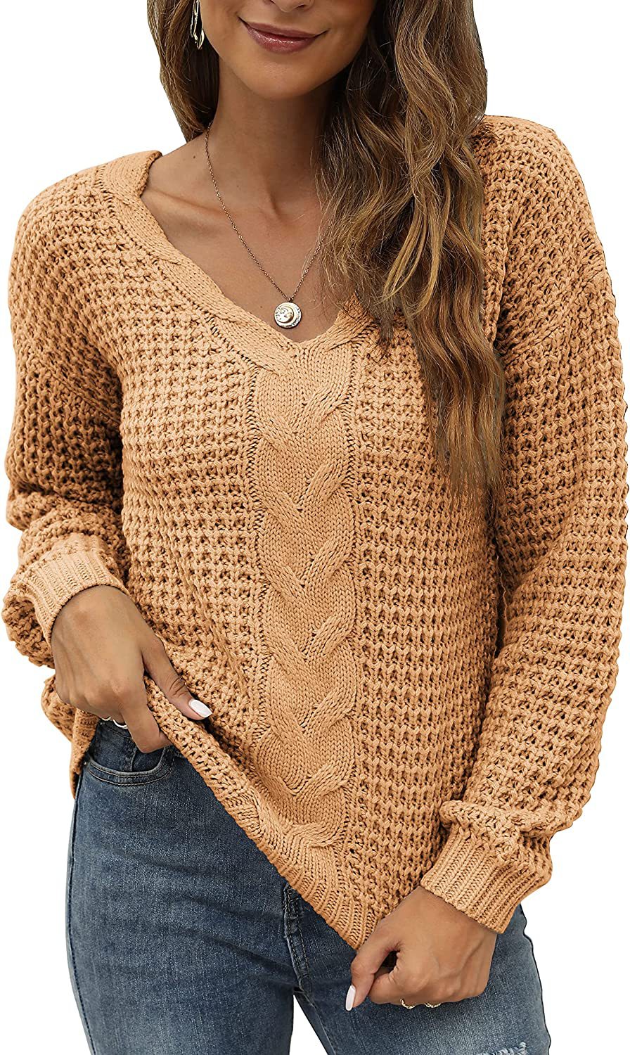 Damen lässiger Strickpullover mit tiefem V-Ausschnitt und detailliertem Zopfmuster EB