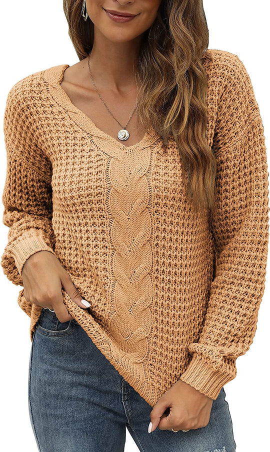 Damen lässiger Strickpullover mit tiefem V-Ausschnitt und detailliertem Zopfmuster EB