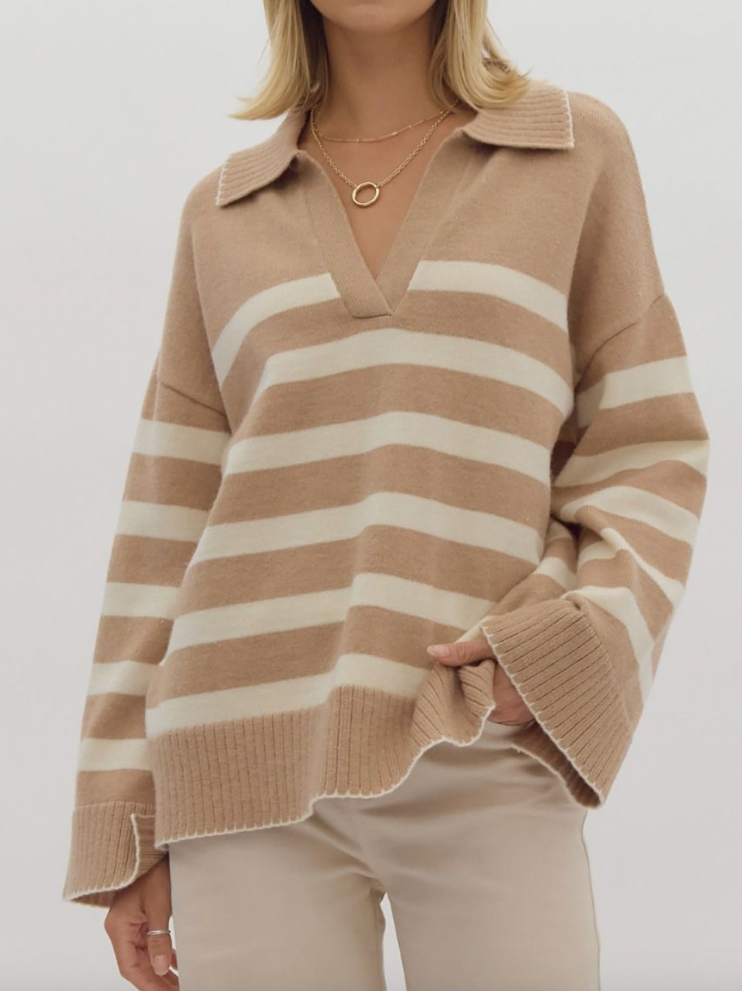 Damen kuschelige Strickpullover mit modernem Streifenmuster und V-Ausschnitt EB