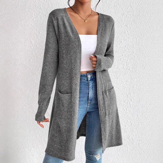 Damen nan offener Longcardigan mit aufgesetzten Taschen und weichem Feinstrick EB