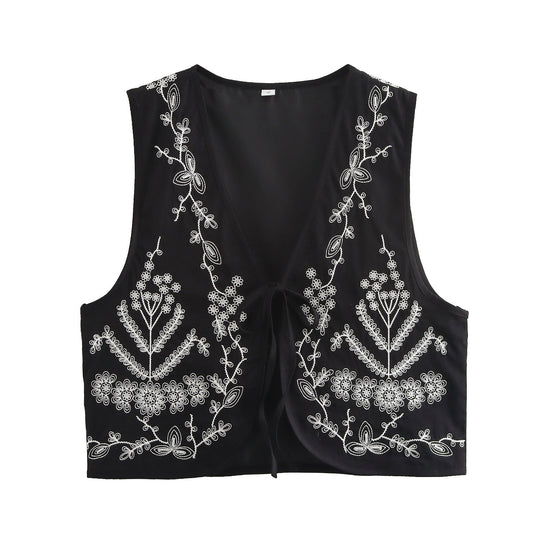 Damen elegante bestickte Weste mit offenem Schnitt und seitlichen Binde-Details EB
