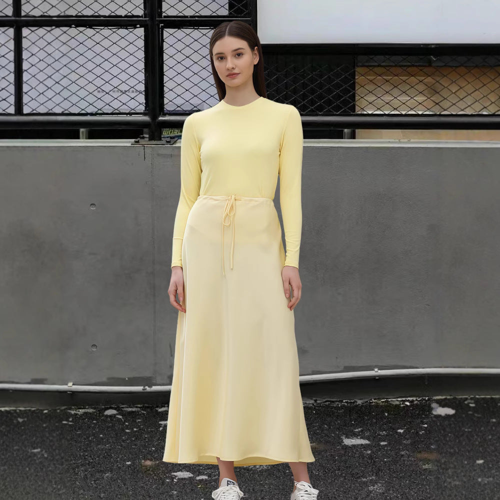 Damen Fließendes Maxikleid mit eleganten langen Ärmeln und taillierbarem Bund EB