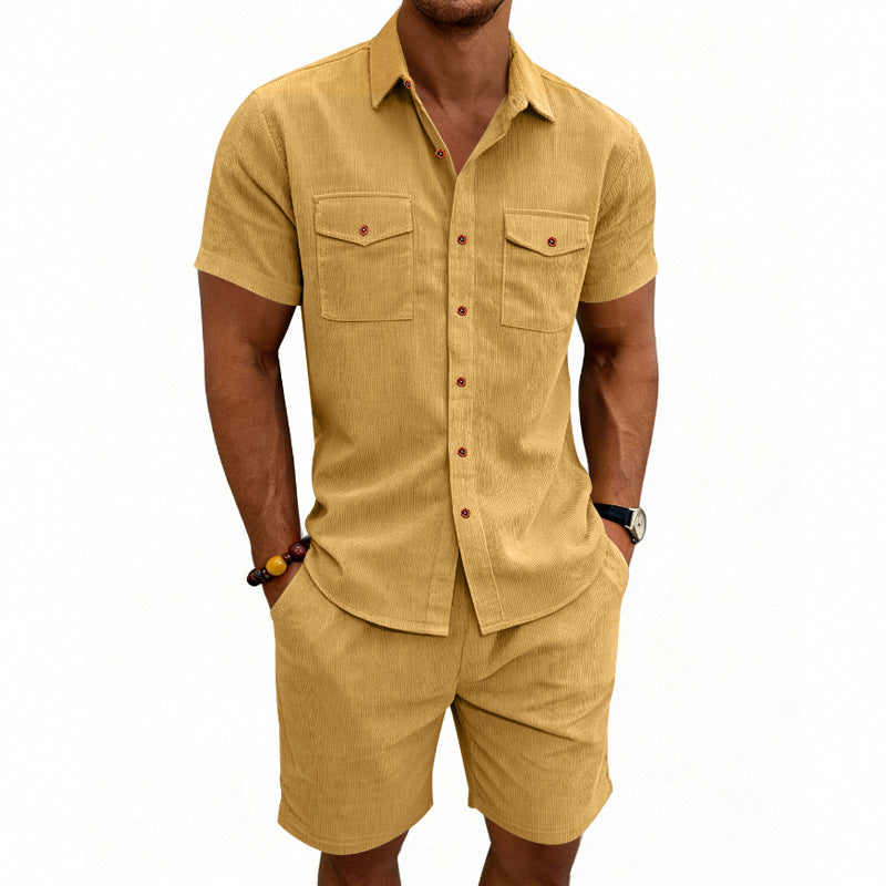 Herren nan strukturiertes Cord-Freizeitset mit Camp-Kragen-Hemd und lässigen Shorts EB