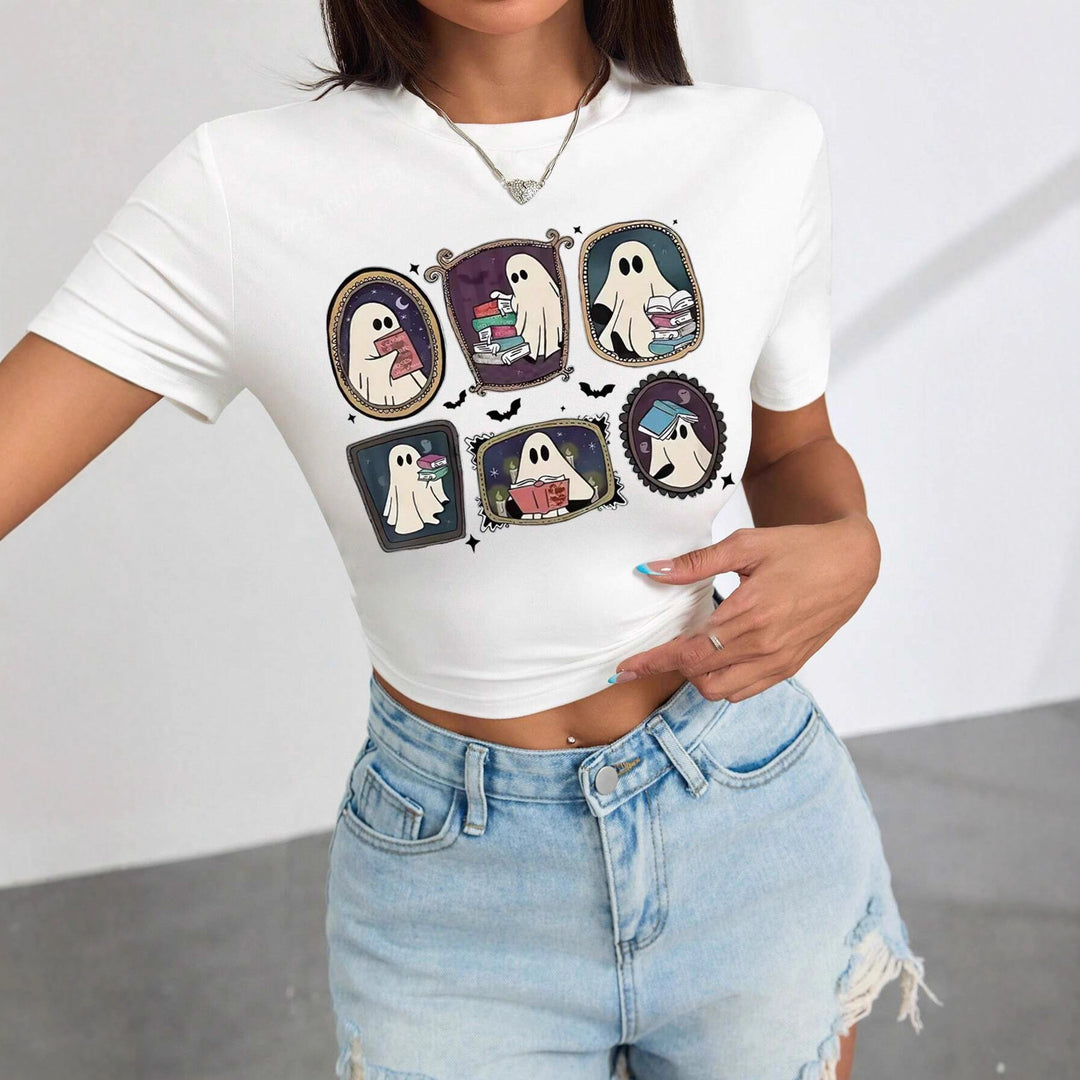 Damen Crop-T-Shirt mit verspieltem Geistermotiv EB