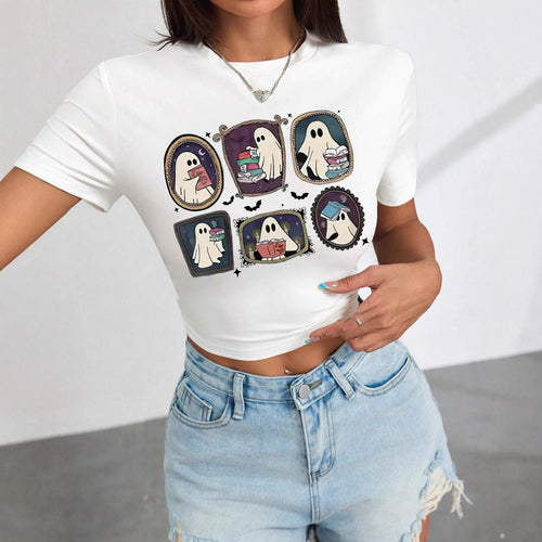 Damen Crop-T-Shirt mit verspieltem Geistermotiv EB