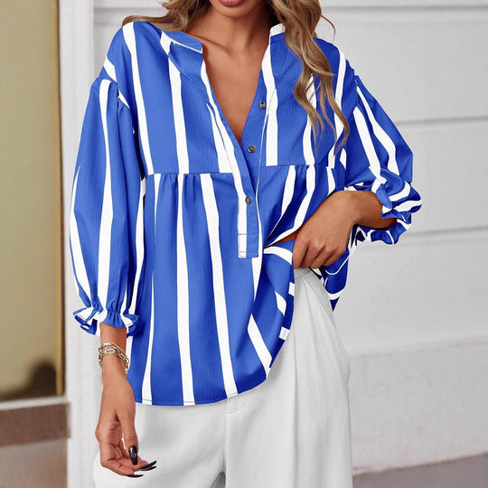 Damen oversize Bluse mit Streifenmuster und Knopfleiste EB