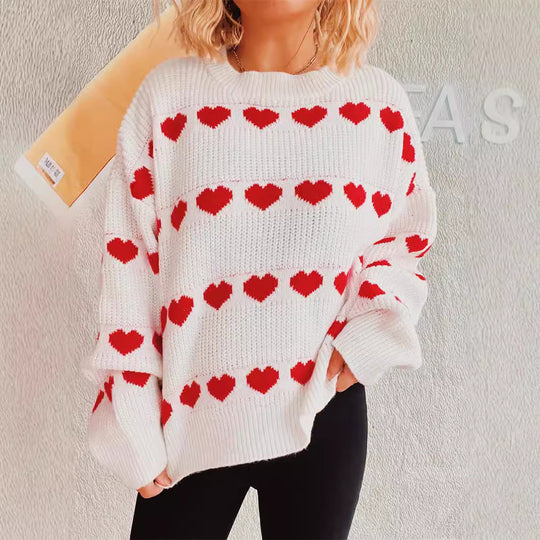 Damen gemütlicher Herzmuster-Strickpullover mit weiten Ärmeln EB