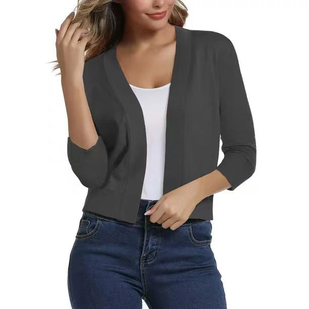 Damen nan offener Kurzcardigan mit dreiviertelärmeln und elastischem Saum EB