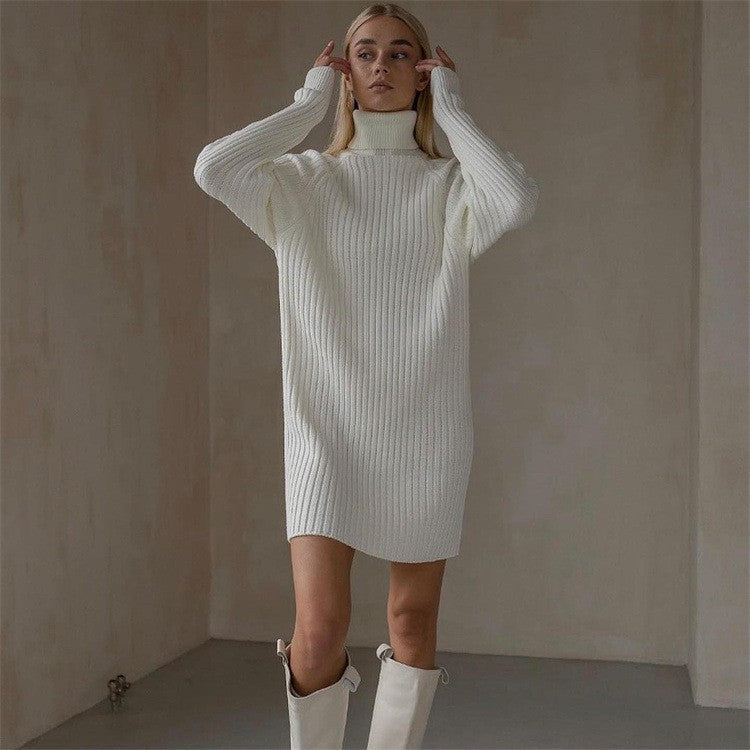 Damen Strickkleid mit hohem Kragen und großen Ärmeln EB