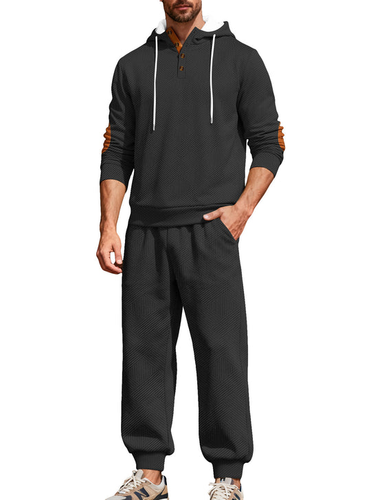 Herren nan strukturiertes Kapuzen-Joggingset mit Henley-Knopfleiste und Kontrast-Ellenbogenpatches EB